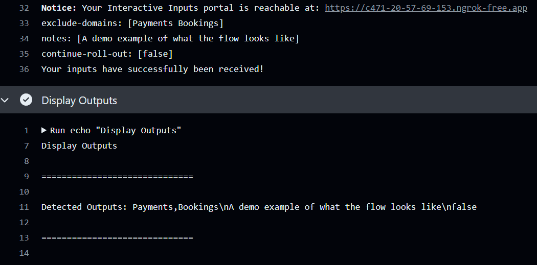 GitHub Action after run, showing outputs & log output